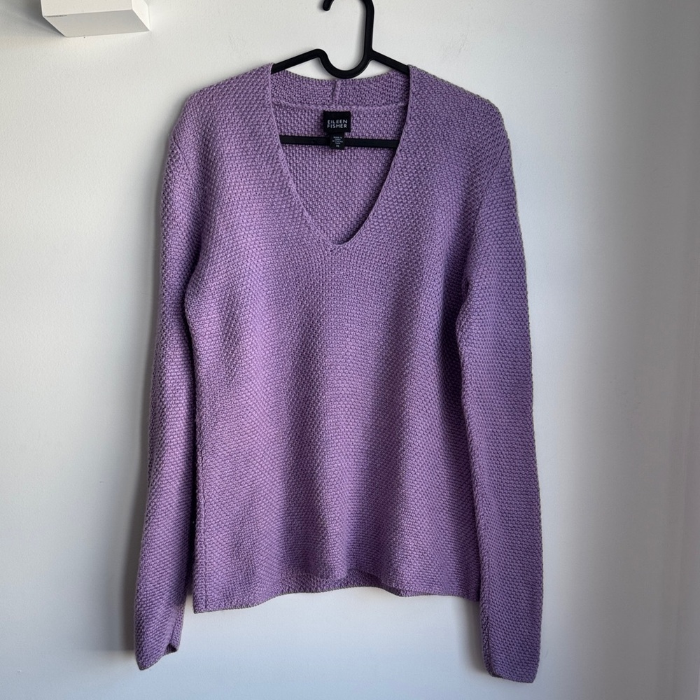 Eileen Fisher Purple V-Neck 100% Merino Wool Knit Sweater